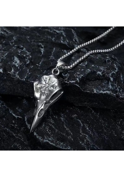 Odin Raven Vegvisir Viking İşlemeli Kuzgun Kafatası Gotik Paslanm Çok Renkli
