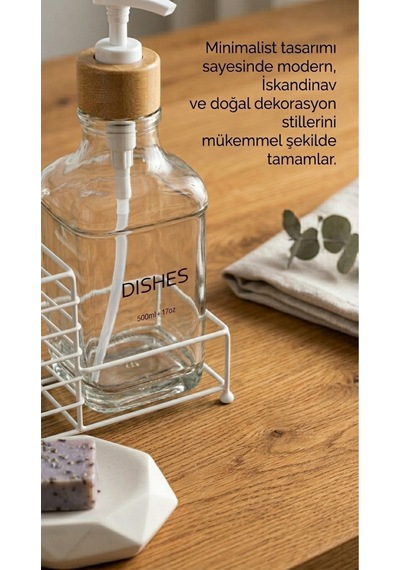 Metal Stantlı Bambu Kapaklı Cam Sıvı Sabunluk/deterjanlık, 500 Ml, 15 8,5 23 Cm Beyaz - Şeffaf