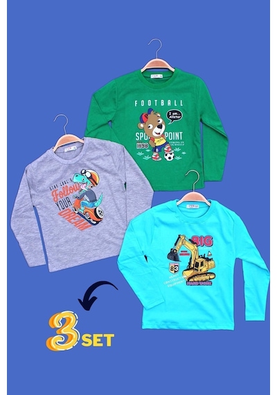 Panios Kids 3'lü Football-follow-big Farklı Baskılı Erkek Çocuk Uzun Kol Yeşil-melanj Gri-turkuaz Sweatshirt Çok Renkli