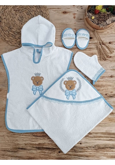 Yeni Doğan Bear Nakışlı Pareolu 4lü Erkek Bebek Havlu20 Takımı Beyaz - Mavi