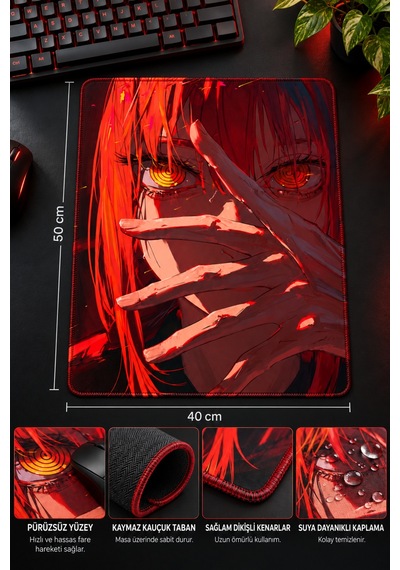 50x40 Cm Anime Kızı Makima Desenli Gaming Oyuncu Mouse Pad Kaymaz Taban Büyük Fare Altlığı