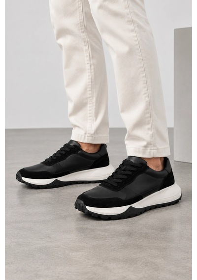 Ht Hotin Rexton Erkek Hakiki Deri Bağcıklı Günlük Sneaker Ayakkabı - Siyah
