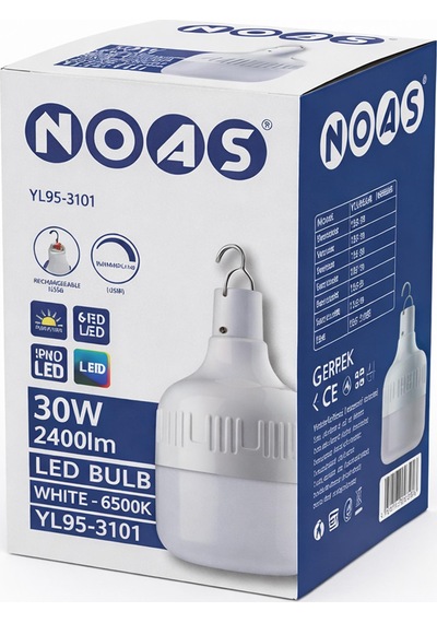 Noas 30w Şarjlı Smd Led Ampül 2400lm Ip20 3 Mod Beyaz Işık Çengelli