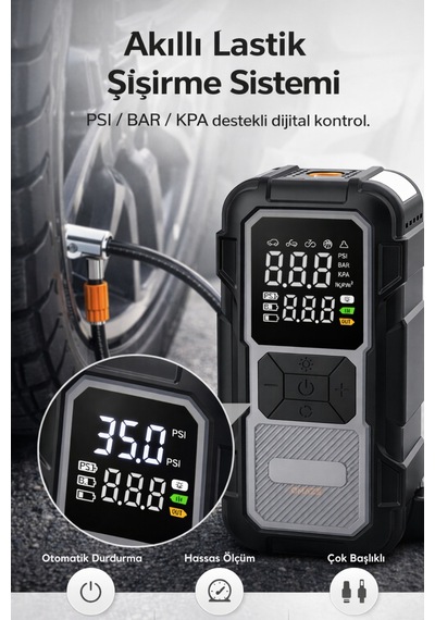 4 İn 1 1200mah Akü Takviye - Yüksek Güç - Lastik Şişirme Pompası - Powerbank - Led Işıklı - Dijital Gösterge - 868796021