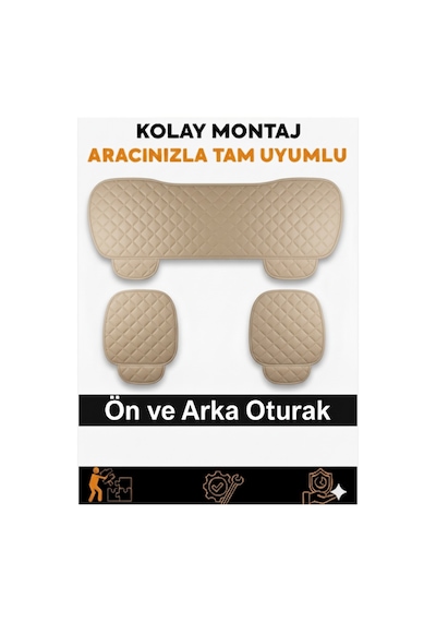 Nissan Note 2006-2012 Üniversal 3 Parça Deri Oturak Oto Koltuk Minderi Kaymaz Taban Bej