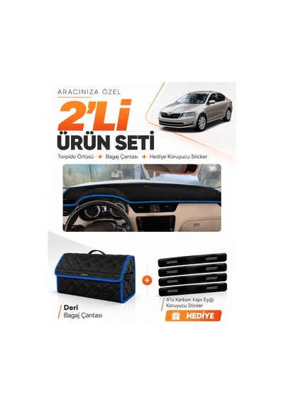 E-biz Skoda Octavia 2013-2019 Uyumlu Torpido Örtüsü + Deri Bagaj Çantası Seti - Siyah-mavi - Sk010