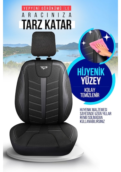 Siyah - Gri Panda Mardin Serısı Keten Kumaş Oto Koltuk Kılıfı - Tam Set