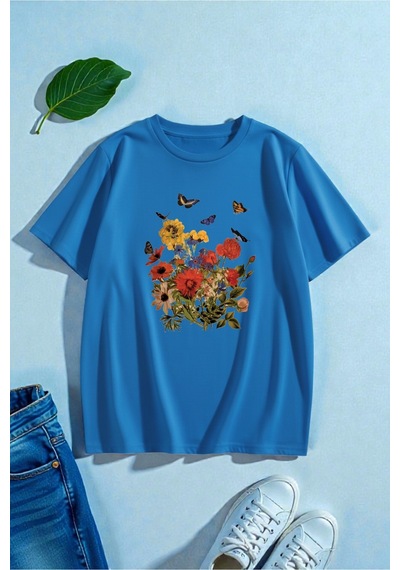 Uyguntarz Unisex Renkli Çiçekler Baskılı Tasarım Tshirt Mavi