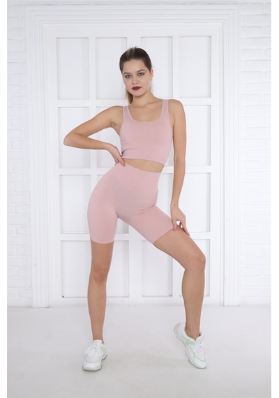 Escetic Kadın Spor Pembe Toparlayıcı, Yüksek Bel Fitnes Bra Şort-tayt Takım-4312 - Xs