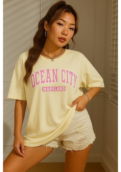 Ocean Cıty Baskılı Oversize Unisex Tişört Sari