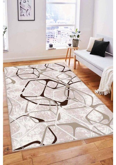 Bej Geometrik Kaymaz Tabanlı Makinede Yıkanabilir Halı Lk006n11