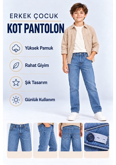 Ahengim Erkek Çocuk Desenli Kot Pantolon Düz Paça Jean Ak140493 Mavi