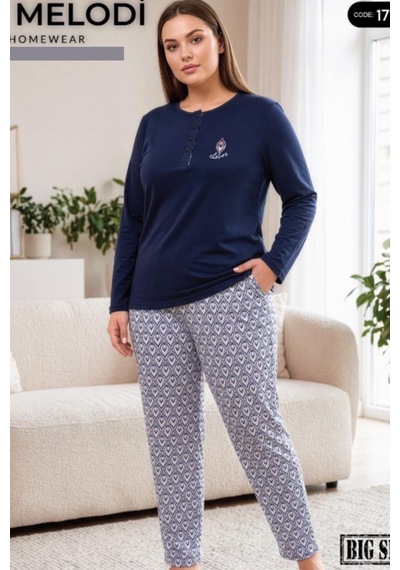 Melodi 17157 Uzun Kol %100 Pamuk Battal Büyük Beden Kadın Pijama Takımı Lacivert