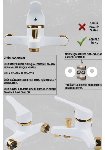 56623 Banyo Bataryası Duş Musluğu Musluk Armatür Siyah Beyaz Krom Gold Beyaz - Gold