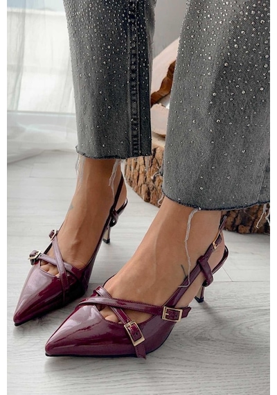 Duxal Shoes İki Bantlı Bordo Rugan Kadın Topuklu Bordo