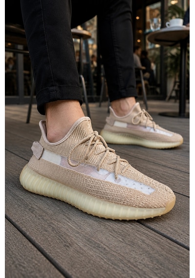 Mevese Morven Erkek , Kadın Triko Sneaker Ayakkabı Günlük Bağcıklı Hafif Spor Modeli - Bej