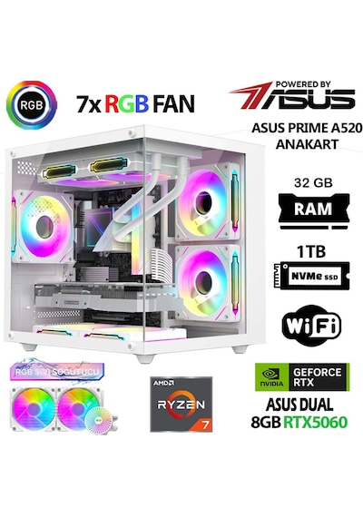 Asus Prime X4 R7-5700X 32 GB 1 TB M.2 Nvme SSD 8 GB RTX5060 Free Dos Masaüstü Oyuncu Bilgisayarı
