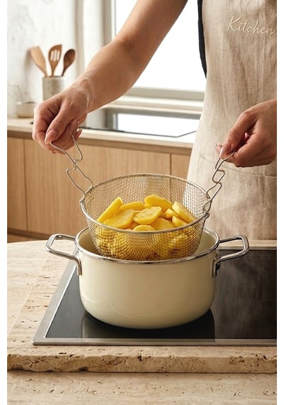Titan Cook Ahşap Kulplu,paslanmaz Saplı Krem Süzgeçli Emaye Kızartma Tenceresi 22 Cm Krem