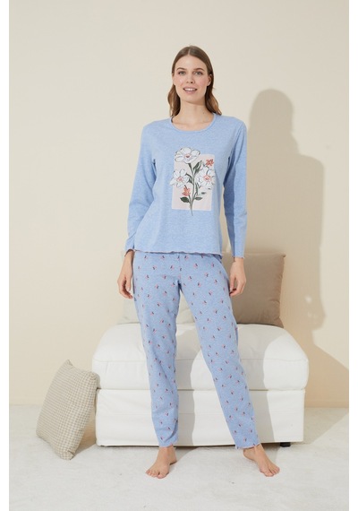 Siyah İnci Pamuklu Örme Pijama Takım 24240124 mavi