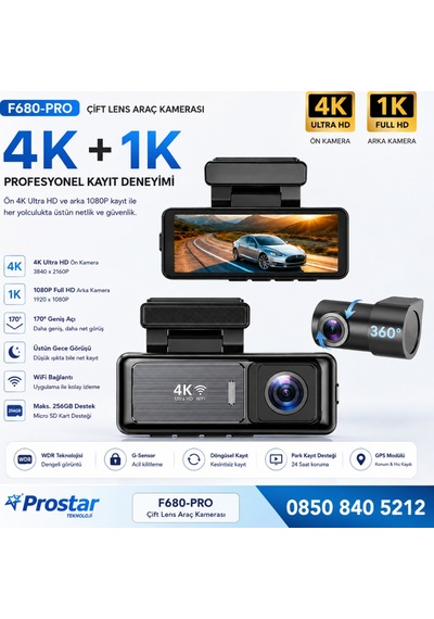 F680-pro 4k Ultra Hd Çift Kameralı Araç Kamerası Dashcam - Wifi, Gps, 24 Saat Park Modu