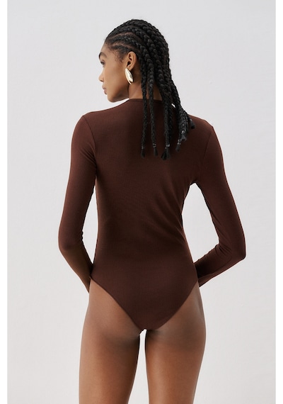 Sagaza Studio Ss6163 Yaka Dantel Detaylı Çıt Çıtlı Body Kahve
