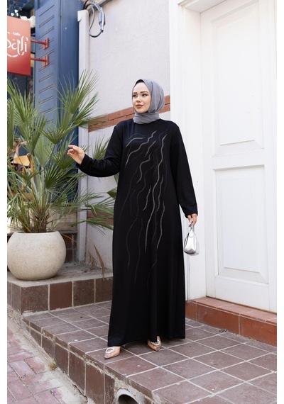 Hb Harma Time Butik Kadın Taş İşlemeli Rahat Kalıp Siyah Elbise Siyah Siyah