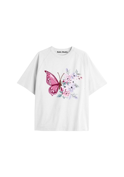 Kalic Studio Kadın Çiçek Özel Baskılı Renkli Oversize Penye Pamuklu Bisiklet Yaka T-shirt Beyaz