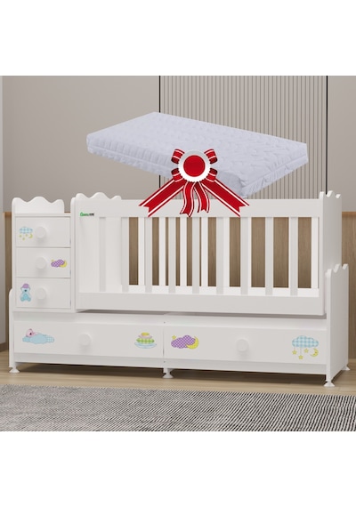 Garaj Home Melina Mdf Çıtalı Beşik + Yatak - Uykucu Beyaz