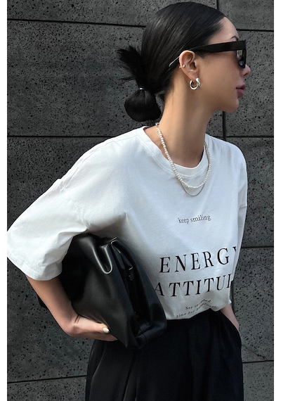 Unisex Energy Baskılı Tasarım Tshirt Beyaz