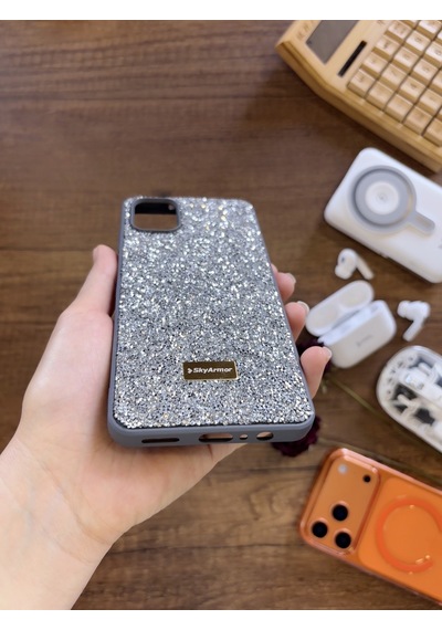 Samsung A06 Uyumlu Kadife İç Yüzey Tasarımlı Taşlı Işıltılı Parlak Pırlanta Kılıf Dia Plus Gri