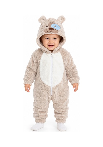 Kız Erkek Bebek Welsoft Peluş Tulum Kapüşonlu Fermuarlı Kışlık Bebek Tulumu Köpek Figürlü Yumuşak Polar Tulum Krem