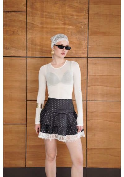 Verymoda Puantiyeli Dantel Detaylı Saten Etek D2962 Siyah