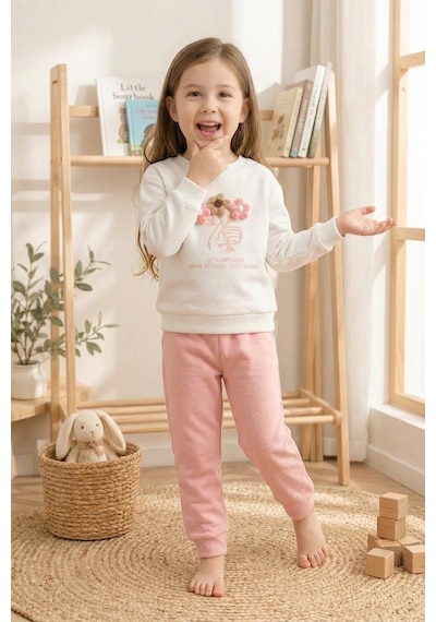 Emila Kids Kız Çocuk Eşofman 2'li Takım - Çiçek Nakış& Baskılı 2 İplik Pamuk Beyaz - Pembe Emila Kids Kız Çocuk Eşofman 2'li Takım - Çiçek Nakış& Baskılı 2 İplik Pamuk Beyaz - Pembe