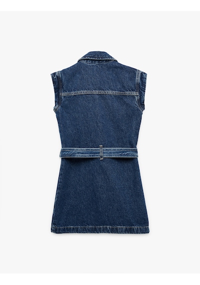 Koton Pamuklu Kemer Detaylı Gömlek Yaka Denim Elbise Orta İndigo 5skg80026ad İndigo
