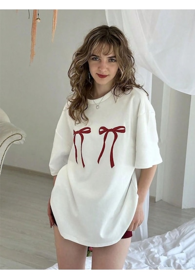 Uyguntarz Unisex Çift Kurdele Tasarım Basklı Tshirt Beyaz