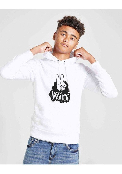 Tshirthane Peace Win Baskılı Unisex Çocuk Kapüşonlu Beyaz Sweatshirt Beyaz