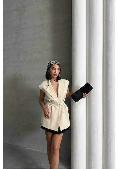 Neşeli Butik Kadın Salaş Kemerli Kolsuz Blazer Ceket Nbg076 Bej