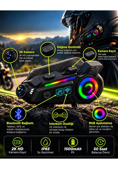 Kameralı Motosiklet Kask İnterkomu 2k Hd Video Kayıt Bluetooth 6.0 Rgb Işıklı Ip65 1500mah Kask Kulaklığı