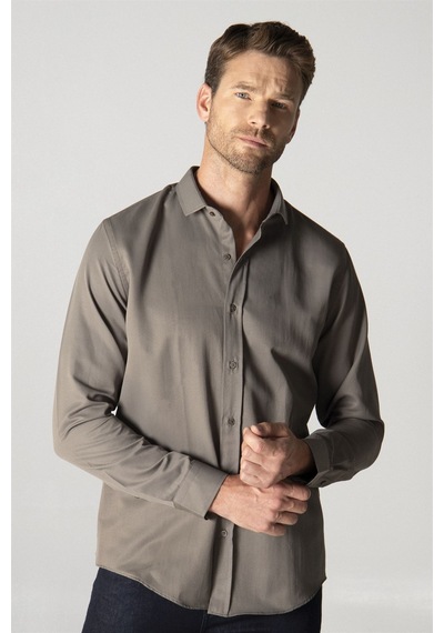 Tudors Slim Fit Dar Kesim Armürlü Erkek Gömlek-19034 Gri