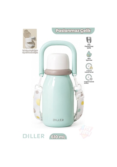 Dıller 610 Ml Premium Bardak Kapak Çift Kullanım Pipetli Rahat İçim Kulplu Askılı Paslanmaz Çelik Termos Ff9512 Yeşil