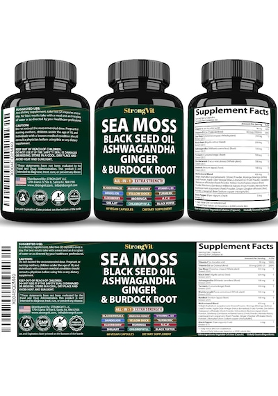 Strongvit Sea Moss Black Seed Oil,hint Ginseng, Burdock Root All-in-1 Extra Strength 60 Vegan Kapsülleri