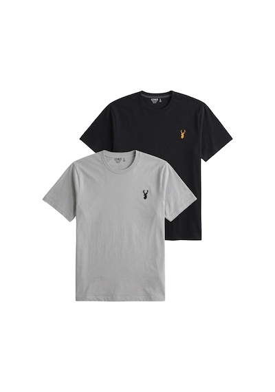 Genius Store Erkek Siyah Tişört %100 Pamuk Süprem Basic Tişört Bisiklet Yaka Nakışlı T-shirt Erkek-2li Gri-siyah