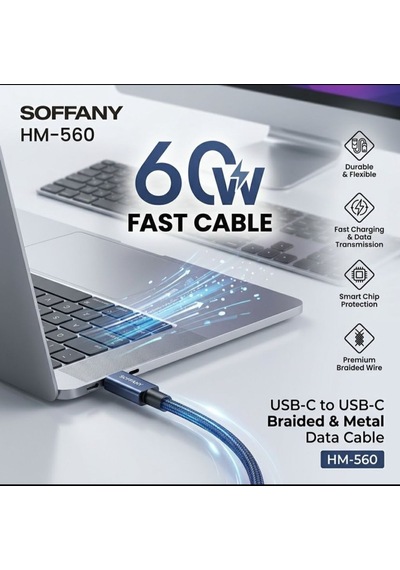 Soffany Hm-560 60w Fast Usb-c To Usb-c Örgülü Şarj Kablosu - Lisinya