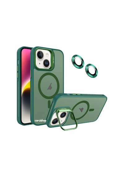 İphone 16 Plus Uyumlu Kılıf Açılır Kamera Stand Magsafeli Mat Renkli Şeffaf + Lens Koruyucu Set Yeşil