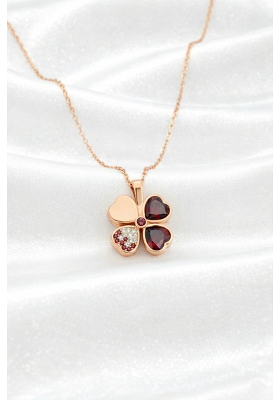 Çekirdekjewelry 925 Ayar Gümüş Rose Garnet Taşlı Ters Yonca Kolye Pembe