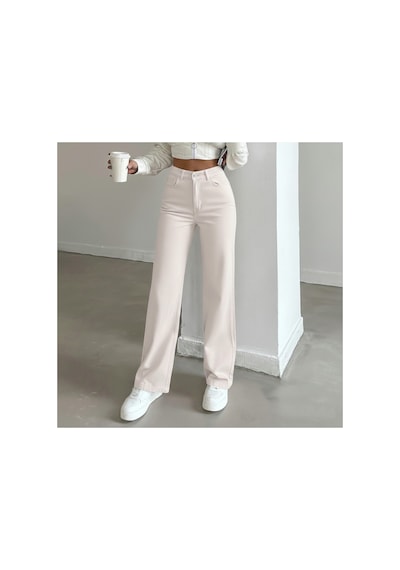 Kene Jeans Yüksek Bel Pudra Keten Bol Paça Tam Kalıp Pantolon Pudra