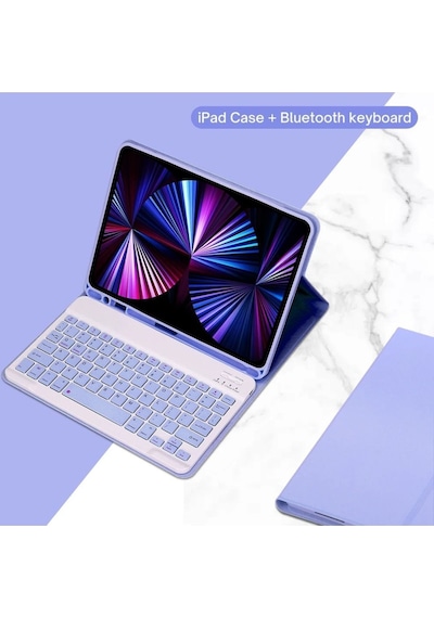 Apple Uyumlu iPad  Pro 4. Nesil M2 2022 11 Inç Bluetooth Klavyeli Kılıf Kalem Bölmeli Türkçe Klavye Lila