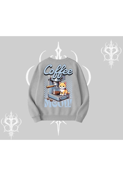 Startmore Coffee Meow Kahve Temalı Kedi Arka Baskılı Biskilet Sweatshirt Gri