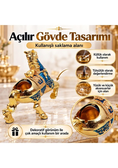 Lüks Alaşım Metal At Figürlü Kapaklı Dekoratif Küllük Ve Takı Saklama Kutusu Metal Biblo 25 X 20 Cm 78184033