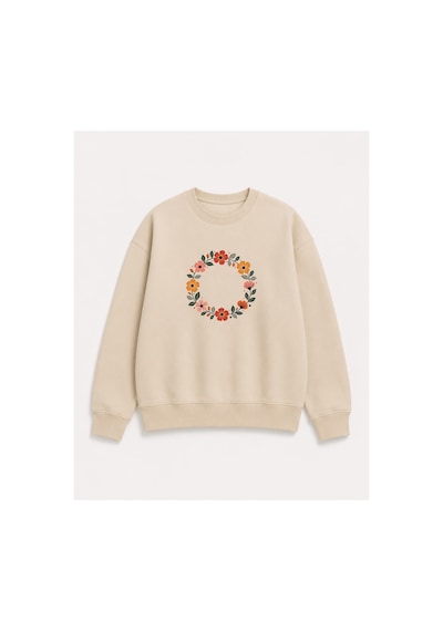Herkesemoda Halka Çiçekler Baskı Detaylı Şardonlu 2 İplik Bisiklet Yaka Sweatshirt Bej